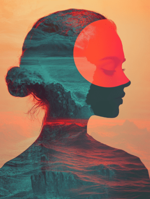 A double exposure artwork of a woman’s profile merging with the ocean, with a red sun and cascading waves, symbolizing the connection between humanity and nature, reflecting passion, vitality, and emotion.