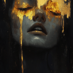 Close-up of a woman's face with eyes closed, golden tears dripping down her features, set against a deep dark background, symbolizing vulnerability and emotion.