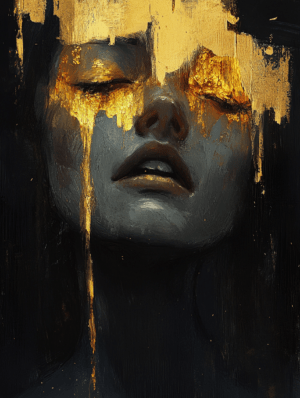 Close-up of a woman's face with eyes closed, golden tears dripping down her features, set against a deep dark background, symbolizing vulnerability and emotion.