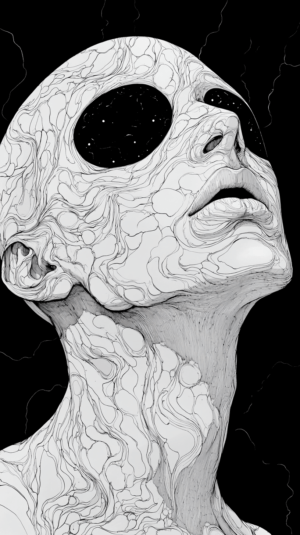 An ethereal figure with dark, star-like eyes and intricate swirling patterns, blending human and celestial elements in a cosmic-themed illustration.