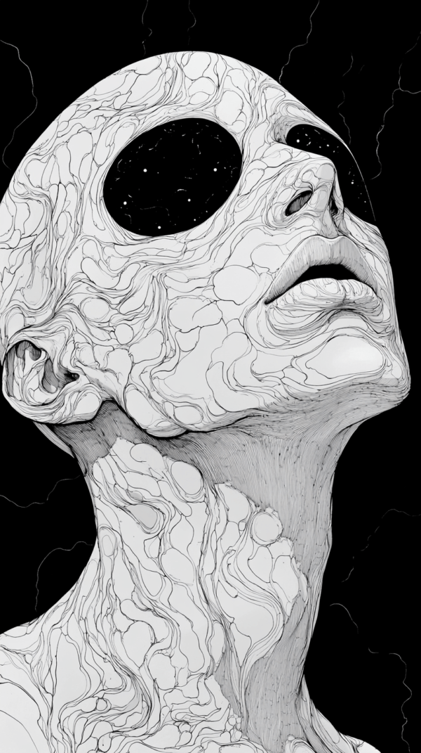 An ethereal figure with dark, star-like eyes and intricate swirling patterns, blending human and celestial elements in a cosmic-themed illustration.