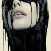 A figure with glossy, black substance dripping down their face and body, juxtaposing serene expression with chaotic material, symbolizing identity struggles and transformation.