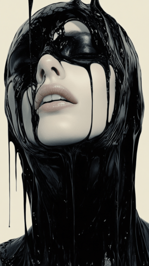 A figure with glossy, black substance dripping down their face and body, juxtaposing serene expression with chaotic material, symbolizing identity struggles and transformation.