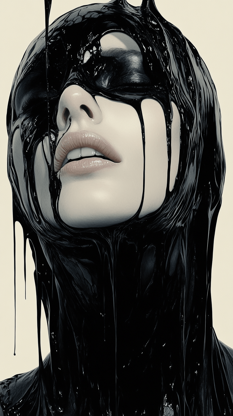 A figure with glossy, black substance dripping down their face and body, juxtaposing serene expression with chaotic material, symbolizing identity struggles and transformation.