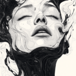 A serene woman's face blending into flowing abstract shapes, creating a dreamlike, fluid composition in black and white.