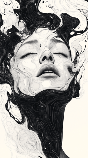 A serene woman's face blending into flowing abstract shapes, creating a dreamlike, fluid composition in black and white.