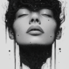 A woman's serene face blending into swirling black patterns, evoking depth, mystery, and cosmic connection against a light background.