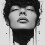 A woman's serene face blending into swirling black patterns, evoking depth, mystery, and cosmic connection against a light background.
