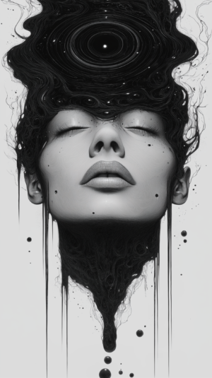 A woman's serene face blending into swirling black patterns, evoking depth, mystery, and cosmic connection against a light background.
