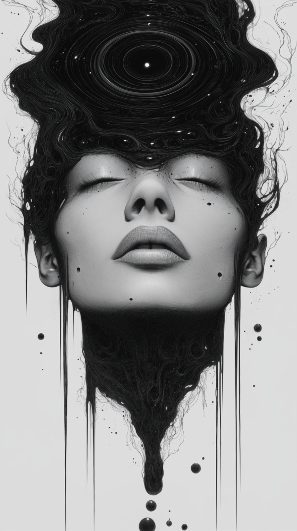 A woman's serene face blending into swirling black patterns, evoking depth, mystery, and cosmic connection against a light background.