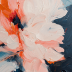 Abstract flower painting with flowing brushstrokes in soft peach, coral, and cream hues, set against a contrasting dark background.