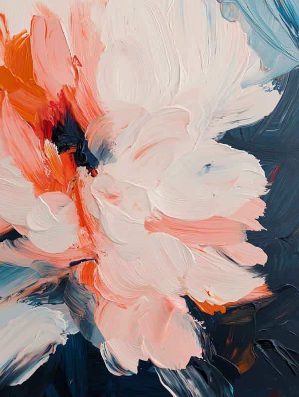Abstract flower painting with flowing brushstrokes in soft peach, coral, and cream hues, set against a contrasting dark background.