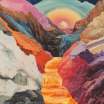 A surreal landscape with vibrant mountains in pink, lavender, and blue, and a golden river flowing through the valley, evoking a sense of wonder and exploration.