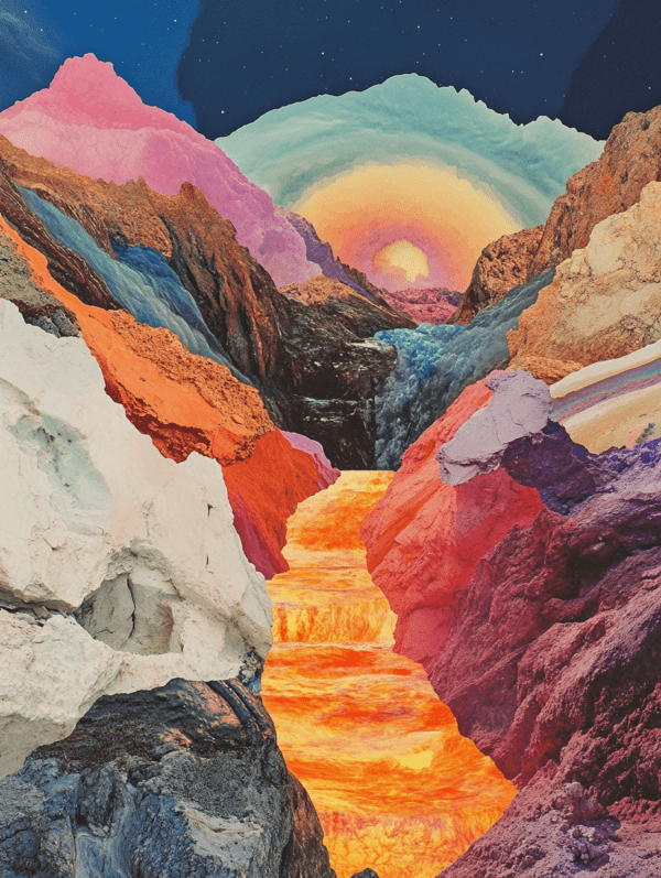A surreal landscape with vibrant mountains in pink, lavender, and blue, and a golden river flowing through the valley, evoking a sense of wonder and exploration.