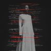 A figure in a white dress stands still against a dark background, enveloped by swirling red and gray lines, symbolizing the contrast between stillness and motion.