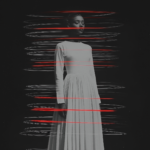 A figure in a white dress stands still against a dark background, enveloped by swirling red and gray lines, symbolizing the contrast between stillness and motion.