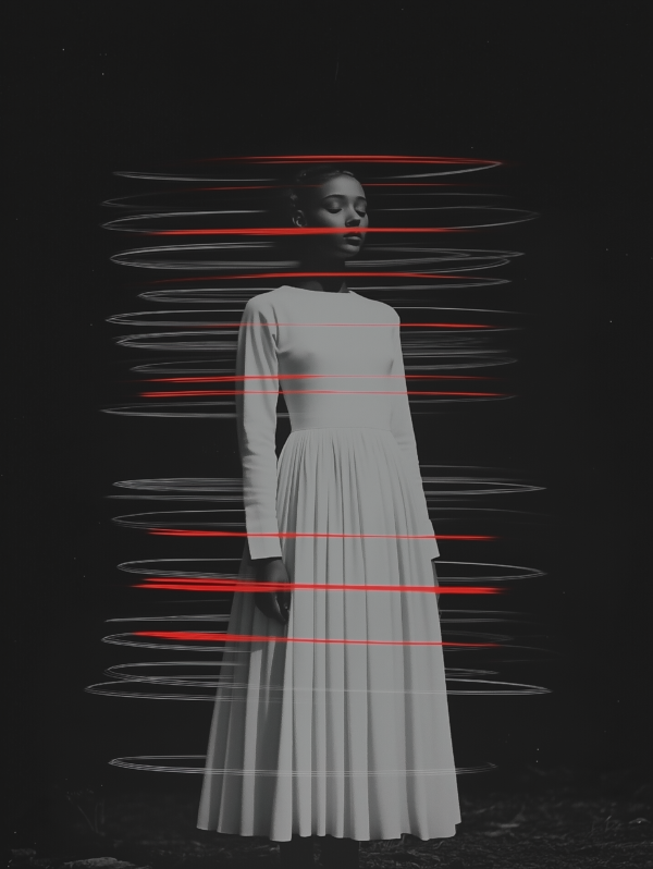 A figure in a white dress stands still against a dark background, enveloped by swirling red and gray lines, symbolizing the contrast between stillness and motion.