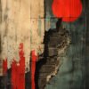 An abstract artwork featuring a vibrant red sun against a fragmented, weathered urban background with peeling paint and exposed textures.