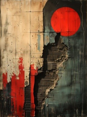 An abstract artwork featuring a vibrant red sun against a fragmented, weathered urban background with peeling paint and exposed textures.
