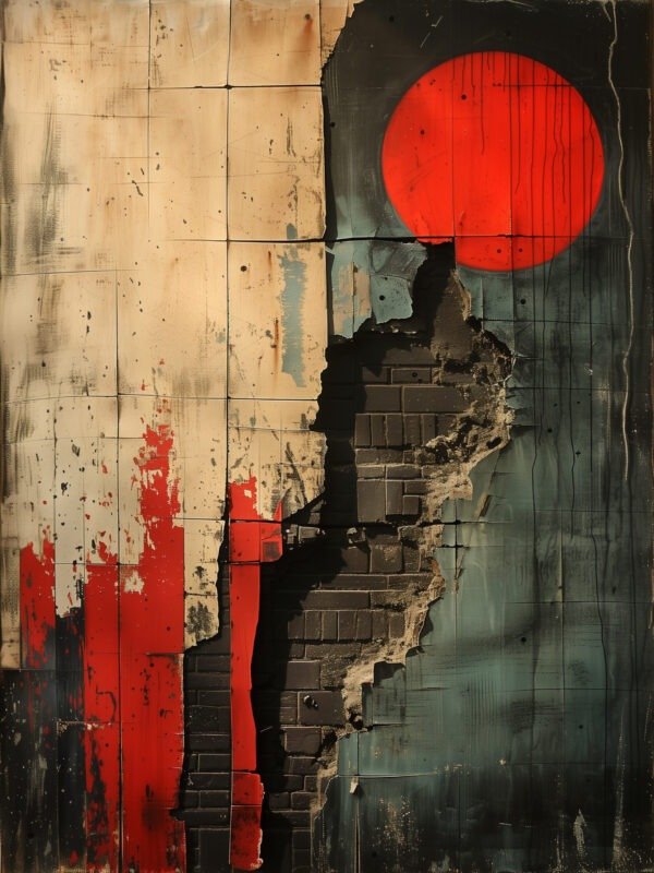 An abstract artwork featuring a vibrant red sun against a fragmented, weathered urban background with peeling paint and exposed textures.