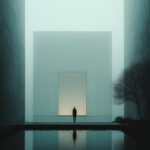 A solitary figure in a minimalist environment, surrounded by towering structures and a glowing square, reflected in calm water under a soft, foggy atmosphere.
