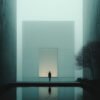 A solitary figure in a minimalist environment, surrounded by towering structures and a glowing square, reflected in calm water under a soft, foggy atmosphere.