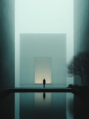 A solitary figure in a minimalist environment, surrounded by towering structures and a glowing square, reflected in calm water under a soft, foggy atmosphere.