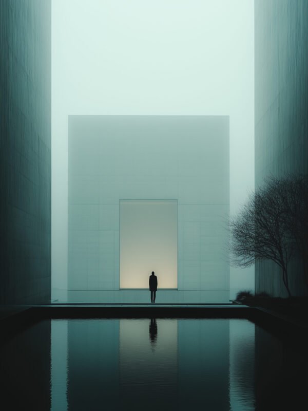 A solitary figure in a minimalist environment, surrounded by towering structures and a glowing square, reflected in calm water under a soft, foggy atmosphere.