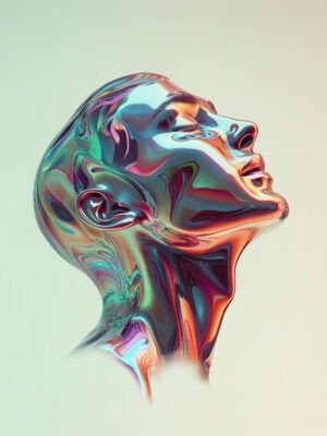 Abstract portrait of a stylized human face with flowing, iridescent colors and a liquid-like texture, evoking a sense of serenity and self-reflection.